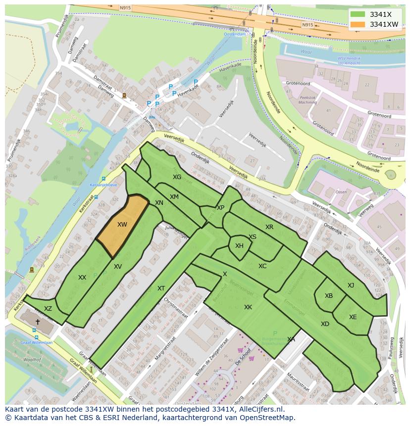 Afbeelding van het postcodegebied 3341 XW op de kaart.