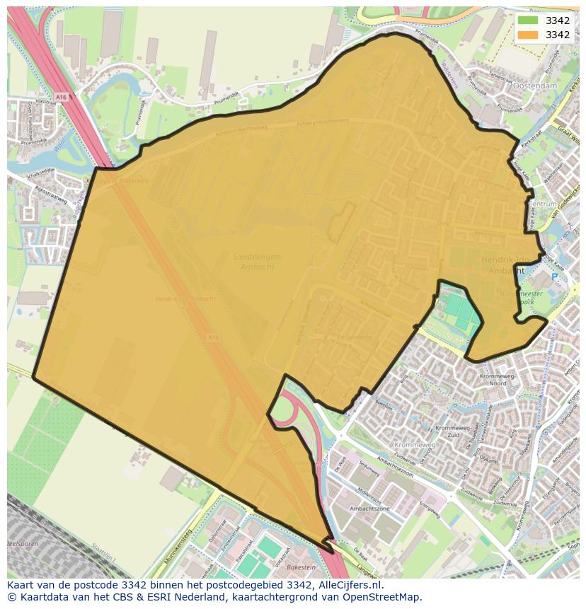 Afbeelding van het postcodegebied 3342 op de kaart.