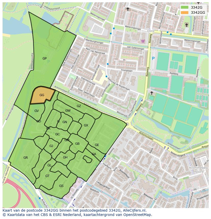 Afbeelding van het postcodegebied 3342 GG op de kaart.