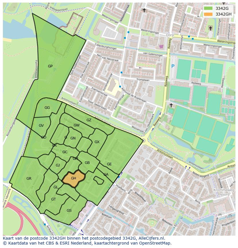 Afbeelding van het postcodegebied 3342 GH op de kaart.