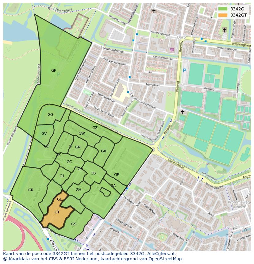 Afbeelding van het postcodegebied 3342 GT op de kaart.