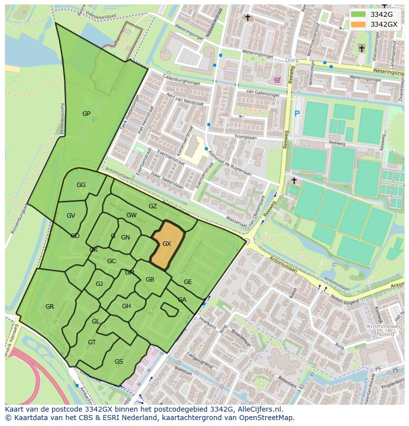 Afbeelding van het postcodegebied 3342 GX op de kaart.