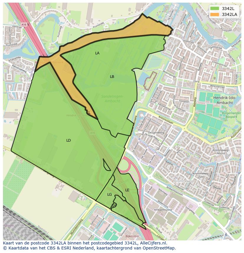 Afbeelding van het postcodegebied 3342 LA op de kaart.