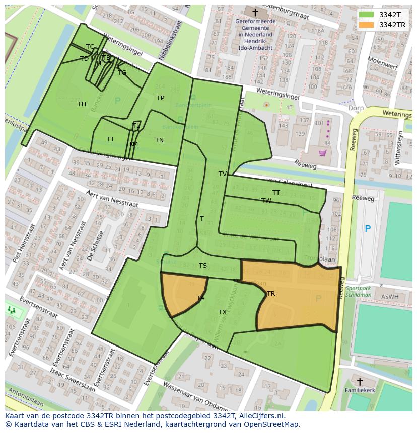 Afbeelding van het postcodegebied 3342 TR op de kaart.