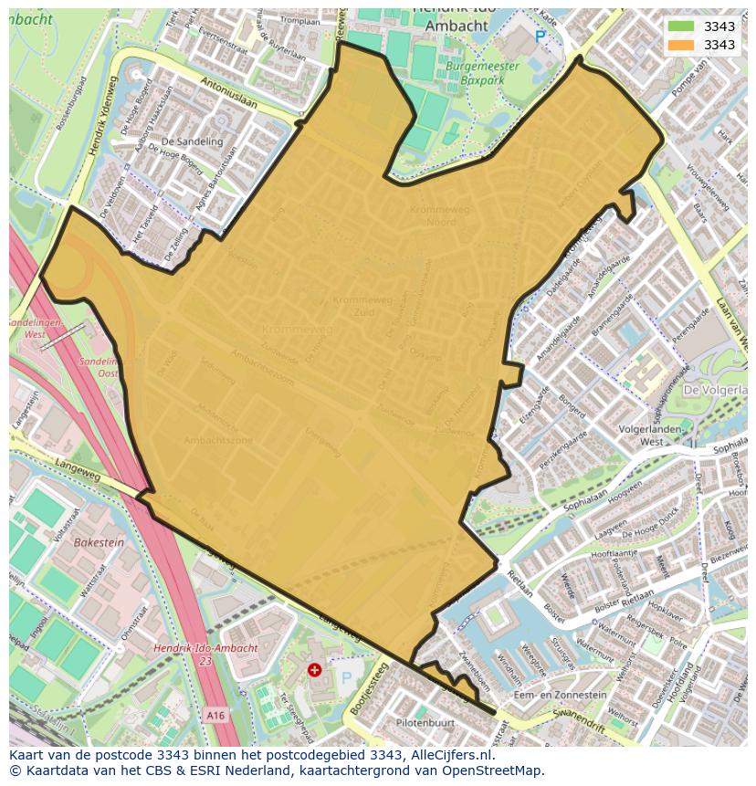 Afbeelding van het postcodegebied 3343 op de kaart.