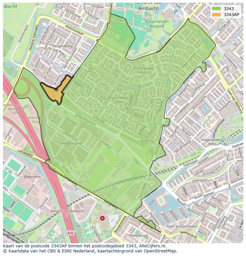 Afbeelding van het postcodegebied 3343 AP op de kaart.