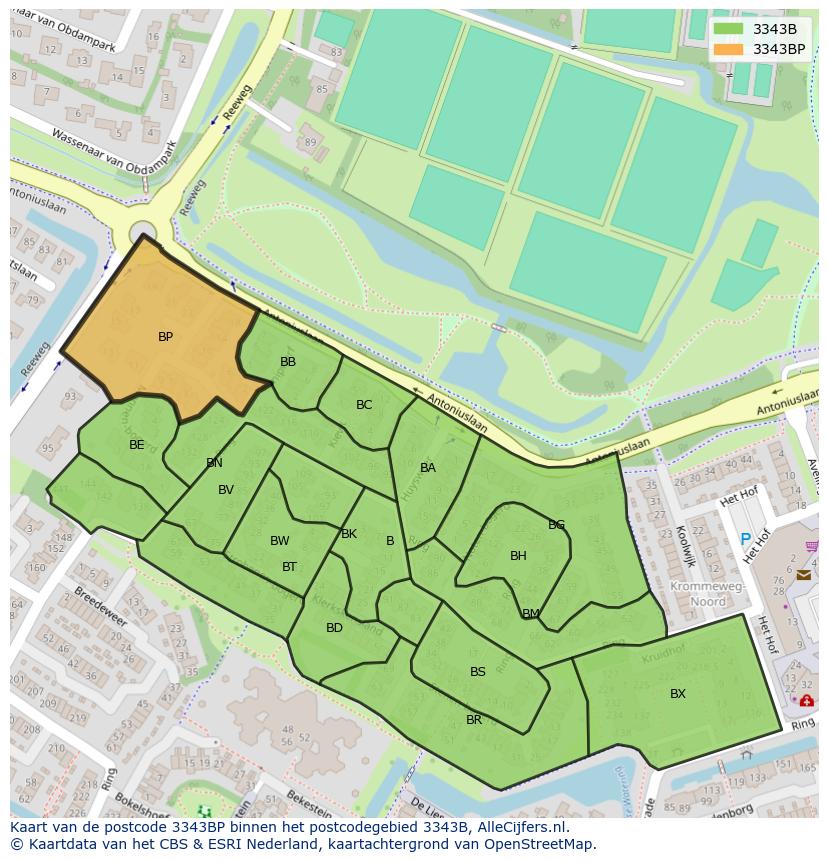 Afbeelding van het postcodegebied 3343 BP op de kaart.