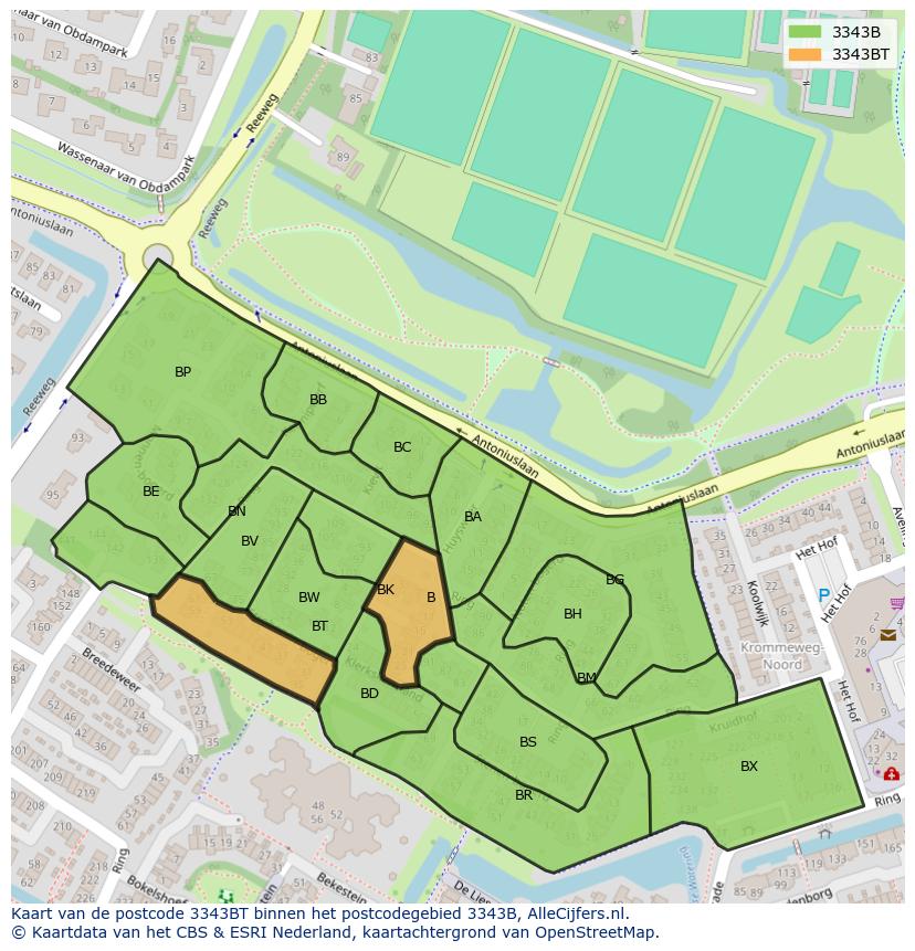 Afbeelding van het postcodegebied 3343 BT op de kaart.