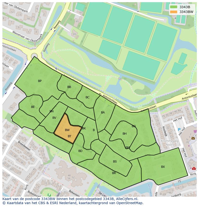 Afbeelding van het postcodegebied 3343 BW op de kaart.