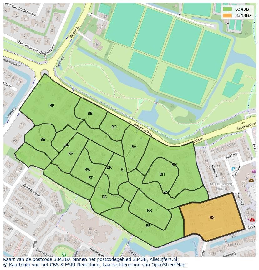 Afbeelding van het postcodegebied 3343 BX op de kaart.