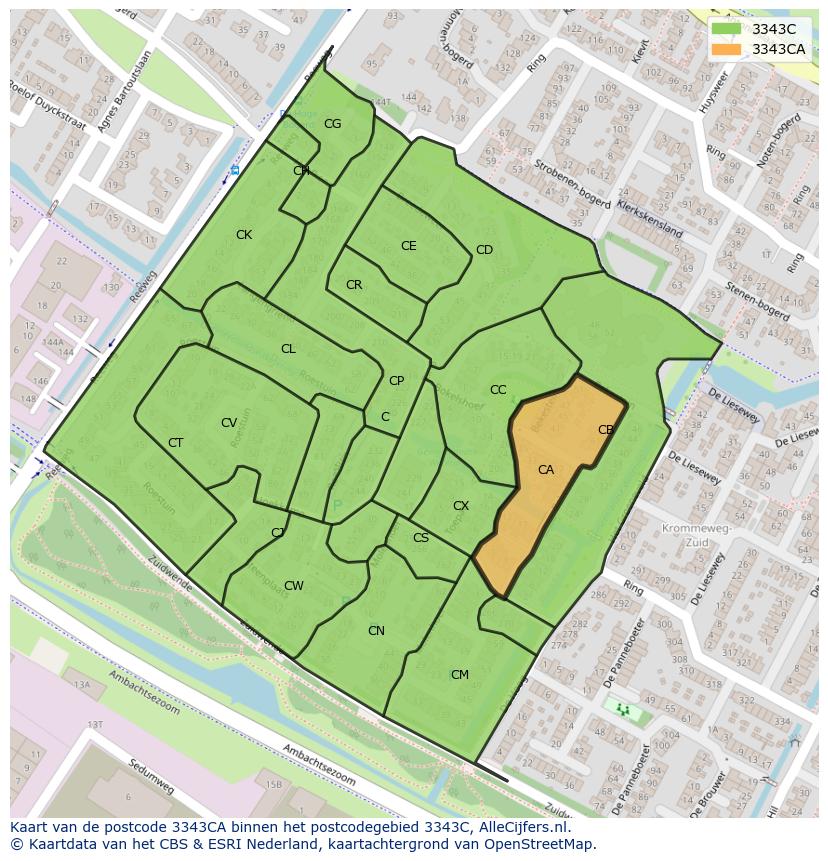 Afbeelding van het postcodegebied 3343 CA op de kaart.