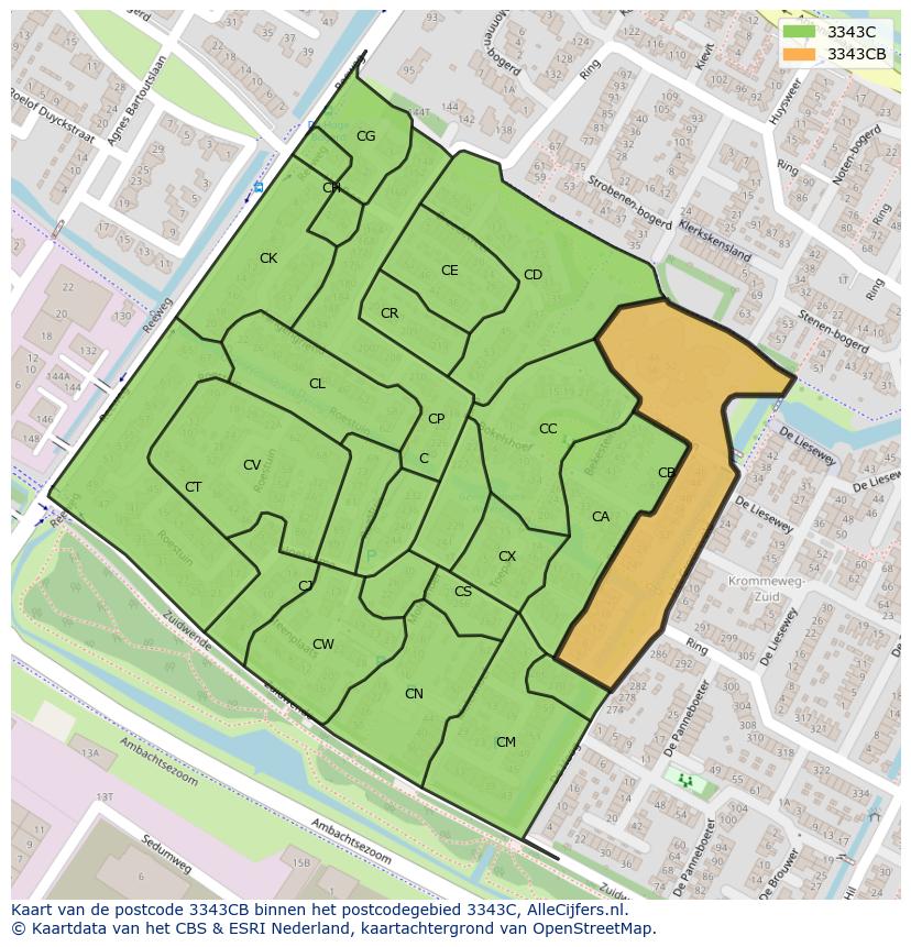 Afbeelding van het postcodegebied 3343 CB op de kaart.