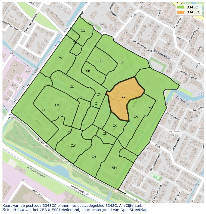 Afbeelding van het postcodegebied 3343 CC op de kaart.