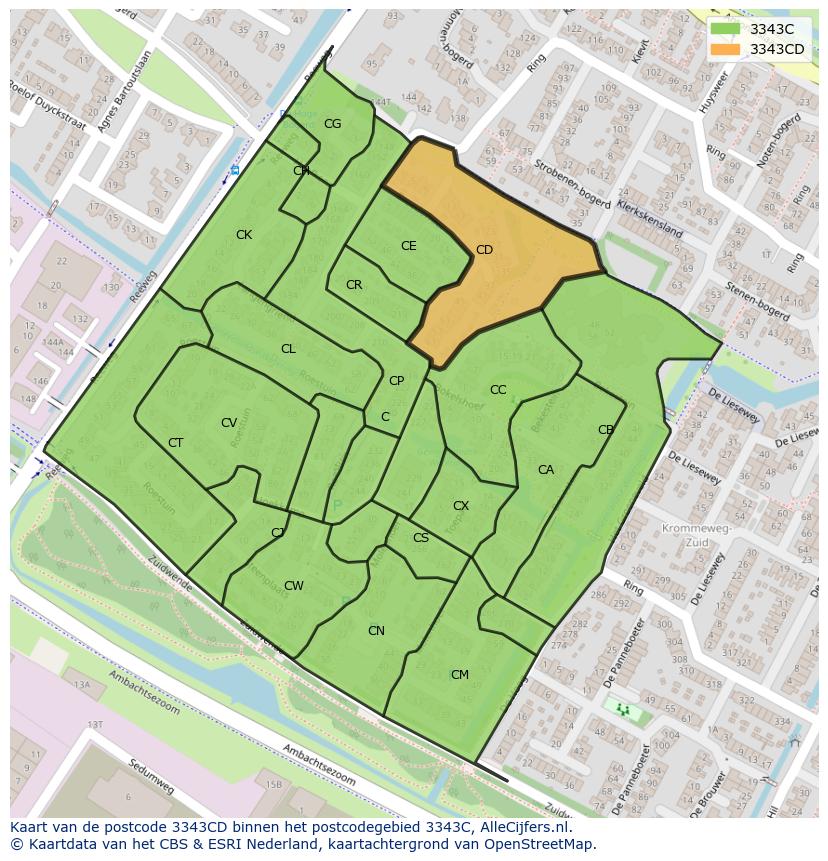 Afbeelding van het postcodegebied 3343 CD op de kaart.