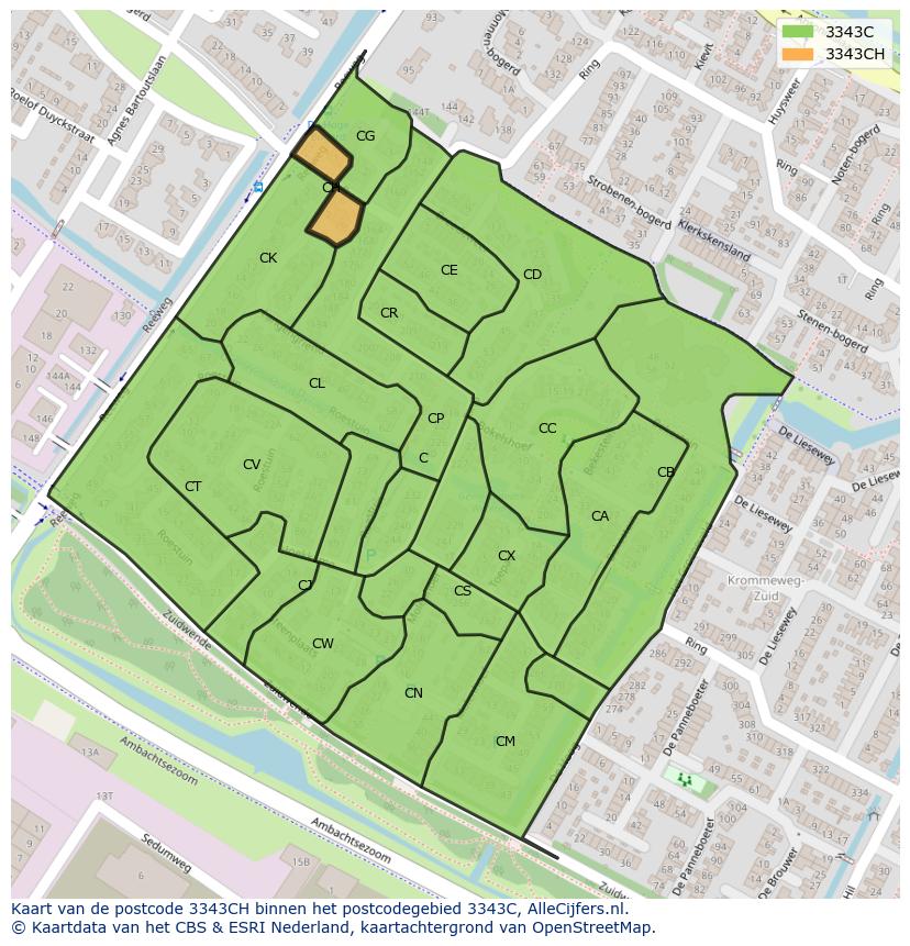 Afbeelding van het postcodegebied 3343 CH op de kaart.