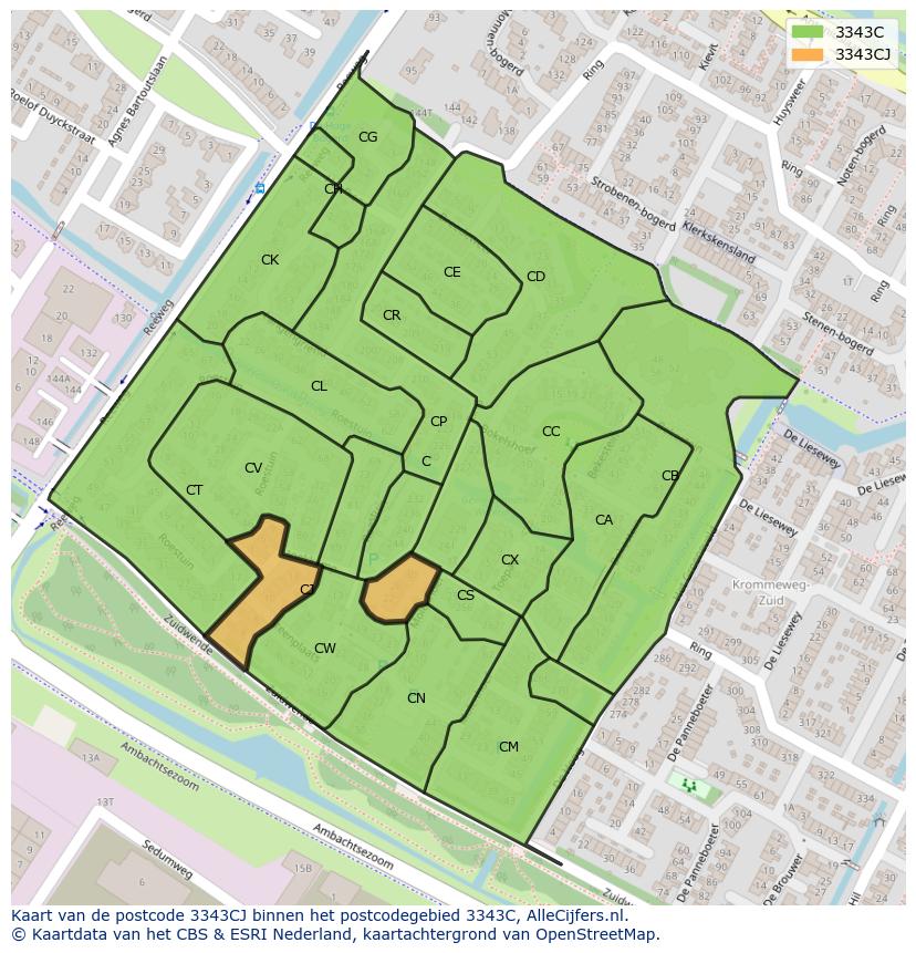 Afbeelding van het postcodegebied 3343 CJ op de kaart.
