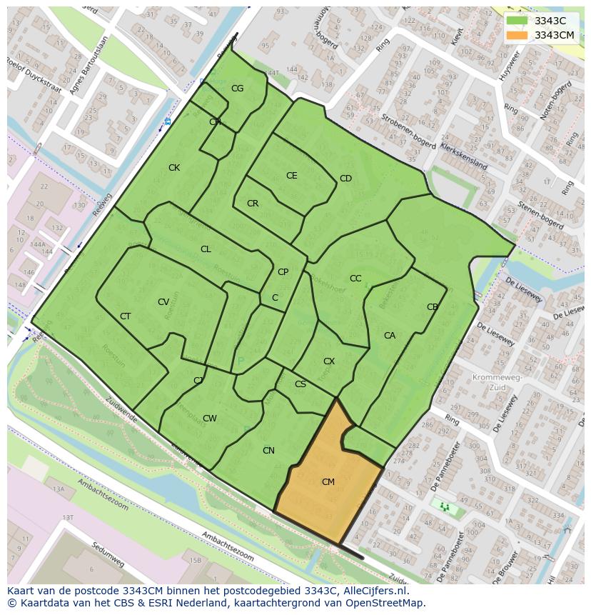 Afbeelding van het postcodegebied 3343 CM op de kaart.