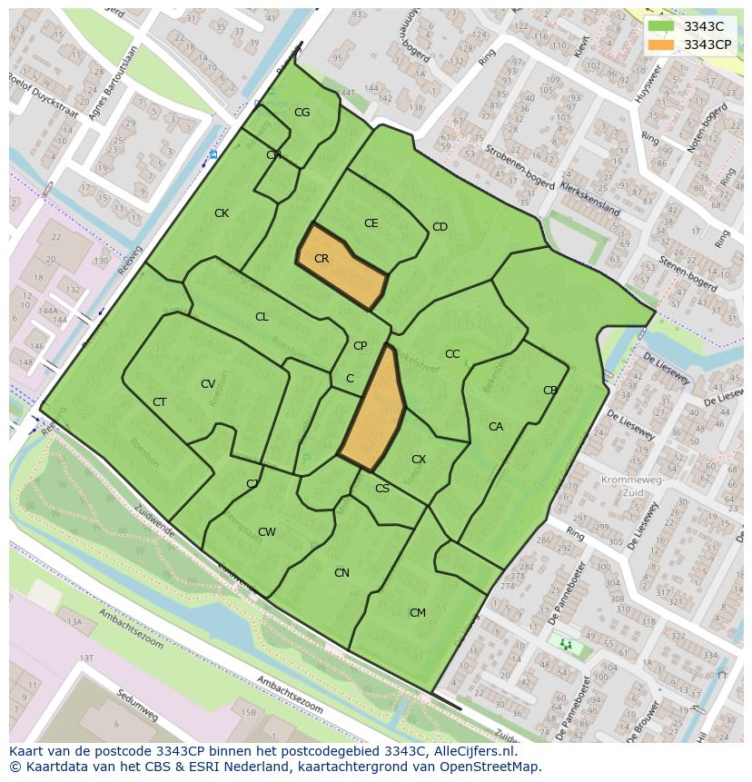 Afbeelding van het postcodegebied 3343 CP op de kaart.