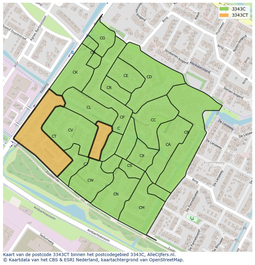 Afbeelding van het postcodegebied 3343 CT op de kaart.