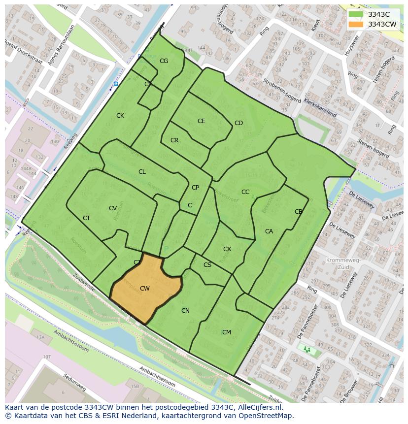 Afbeelding van het postcodegebied 3343 CW op de kaart.