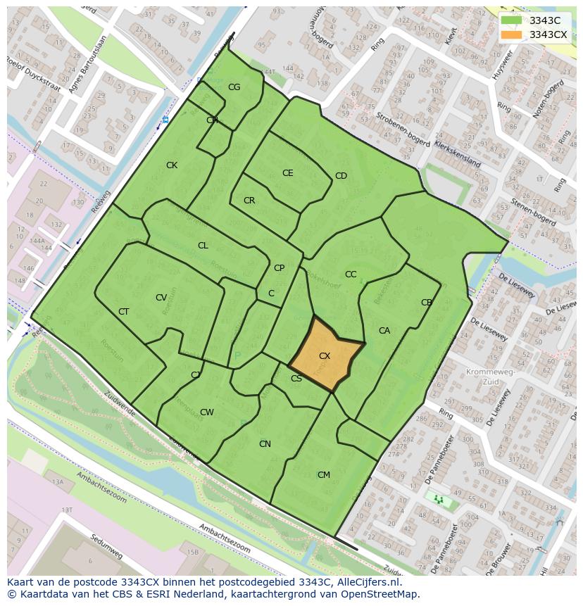 Afbeelding van het postcodegebied 3343 CX op de kaart.