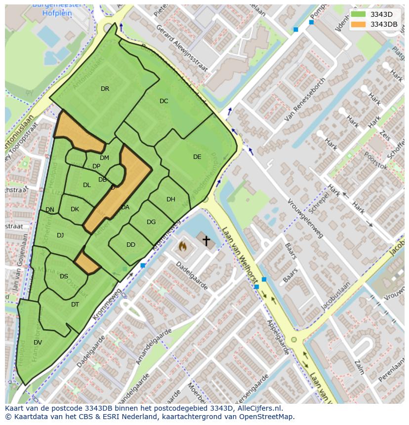 Afbeelding van het postcodegebied 3343 DB op de kaart.