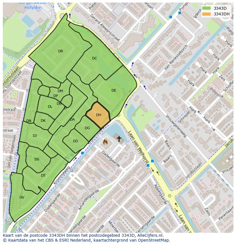 Afbeelding van het postcodegebied 3343 DH op de kaart.