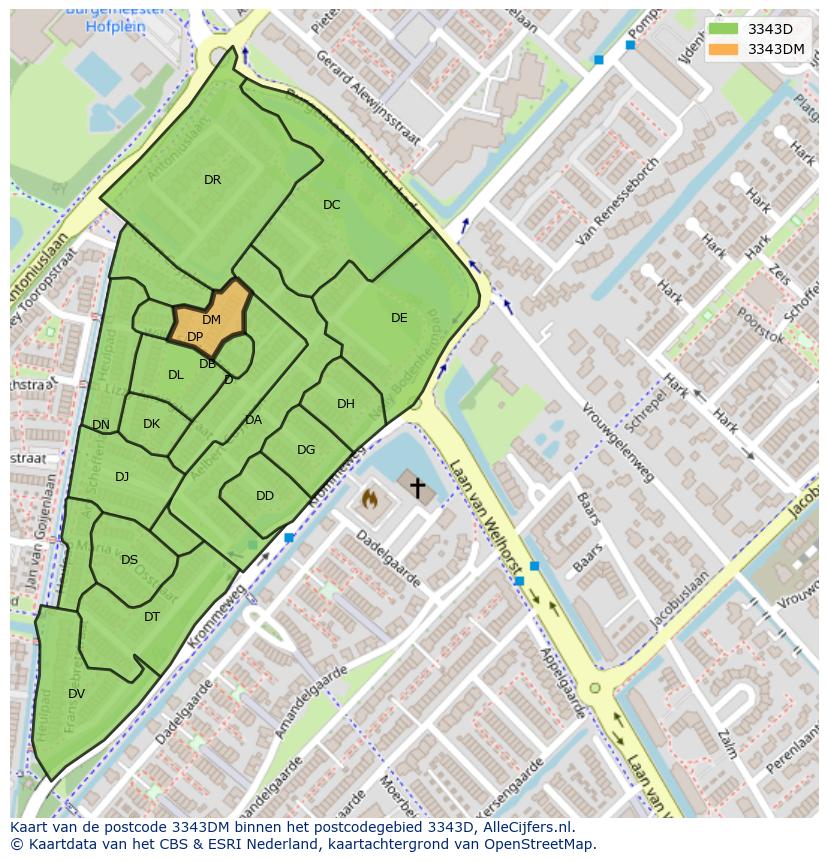 Afbeelding van het postcodegebied 3343 DM op de kaart.