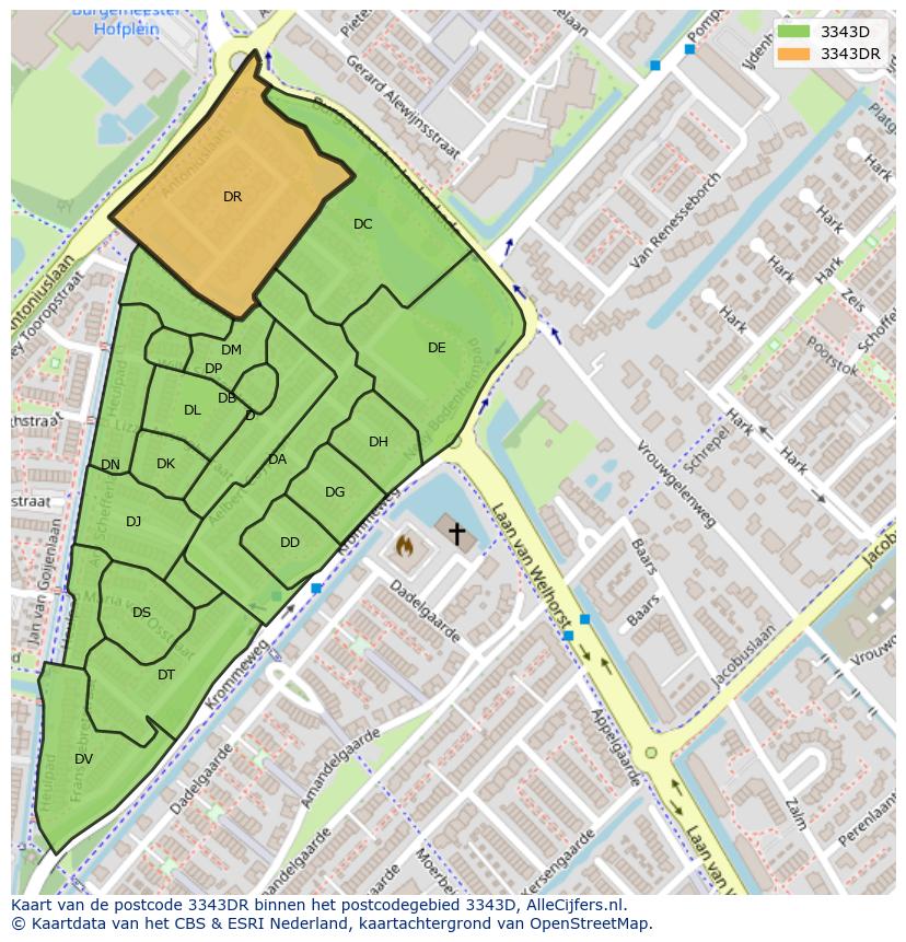 Afbeelding van het postcodegebied 3343 DR op de kaart.