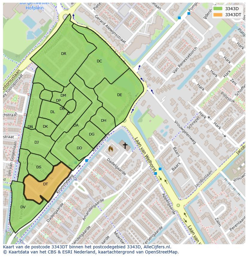 Afbeelding van het postcodegebied 3343 DT op de kaart.