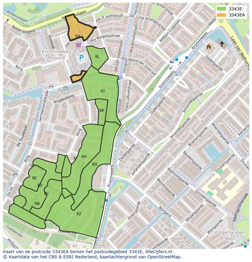 Afbeelding van het postcodegebied 3343 EA op de kaart.