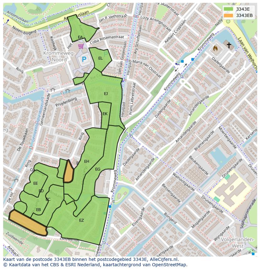 Afbeelding van het postcodegebied 3343 EB op de kaart.