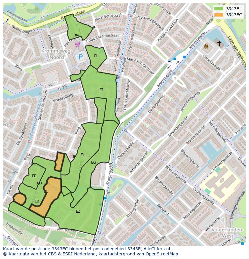 Afbeelding van het postcodegebied 3343 EC op de kaart.