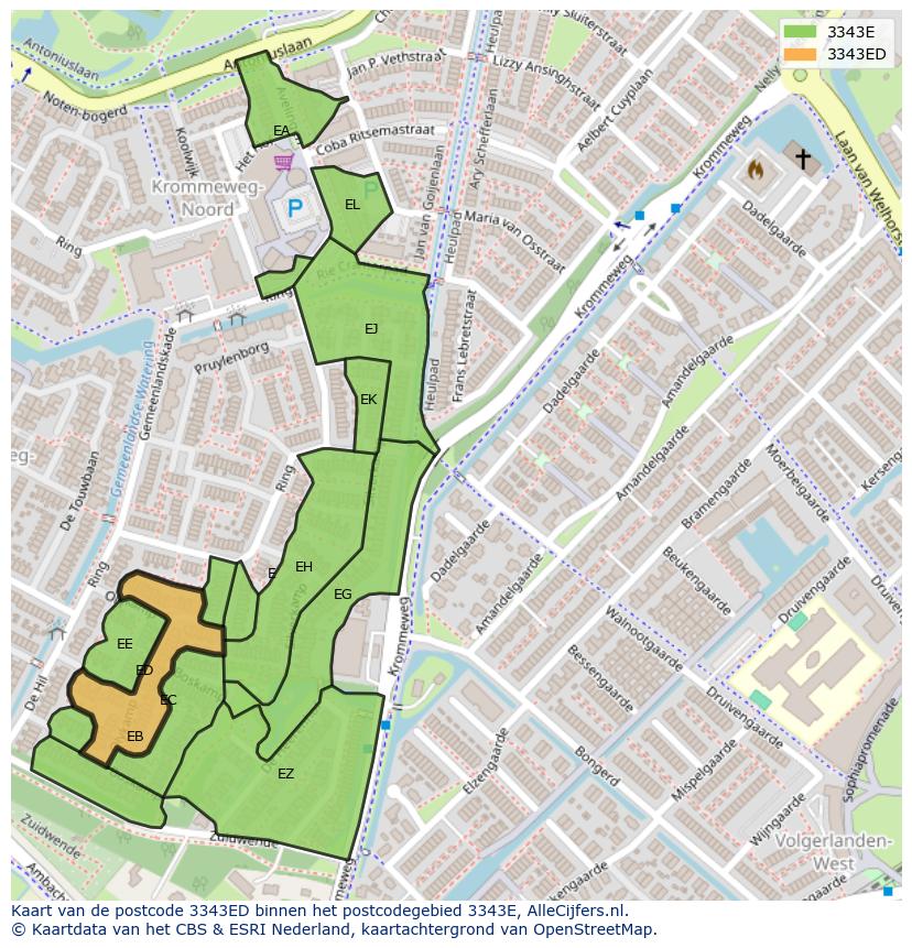 Afbeelding van het postcodegebied 3343 ED op de kaart.