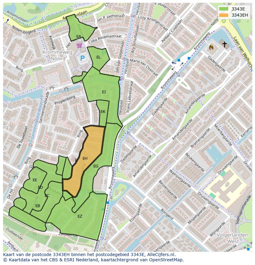 Afbeelding van het postcodegebied 3343 EH op de kaart.
