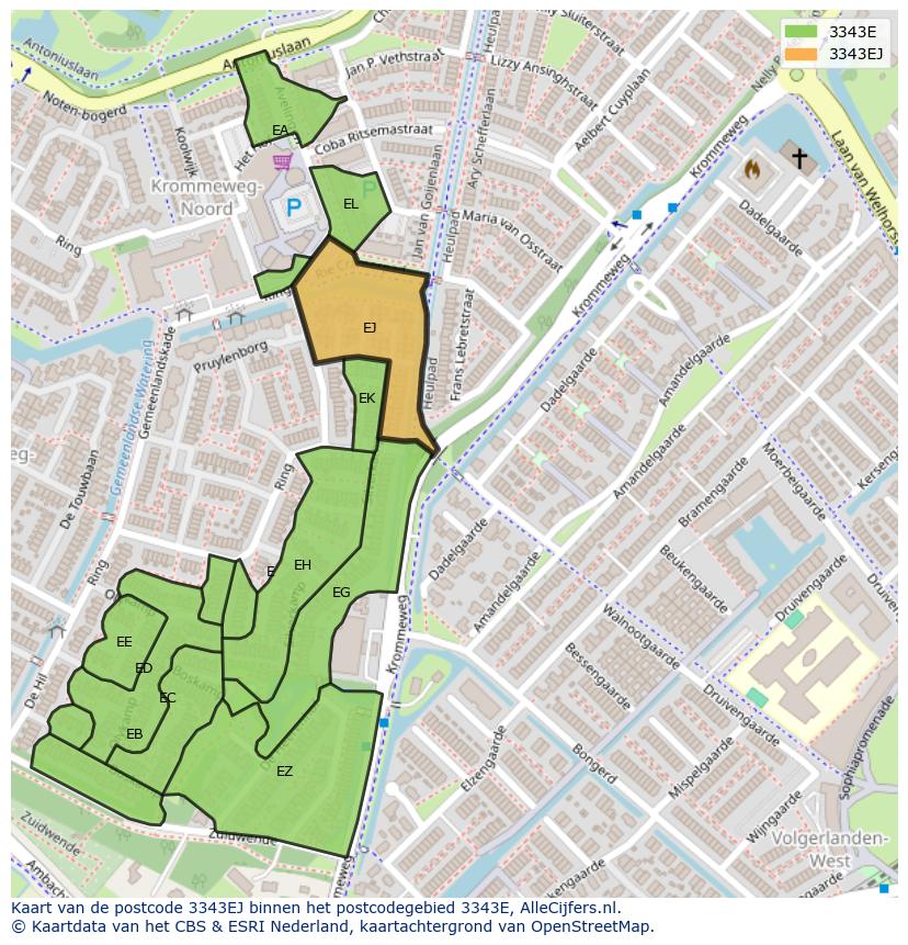 Afbeelding van het postcodegebied 3343 EJ op de kaart.