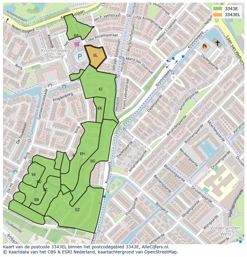 Afbeelding van het postcodegebied 3343 EL op de kaart.