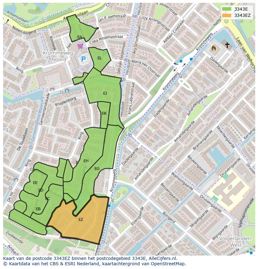 Afbeelding van het postcodegebied 3343 EZ op de kaart.