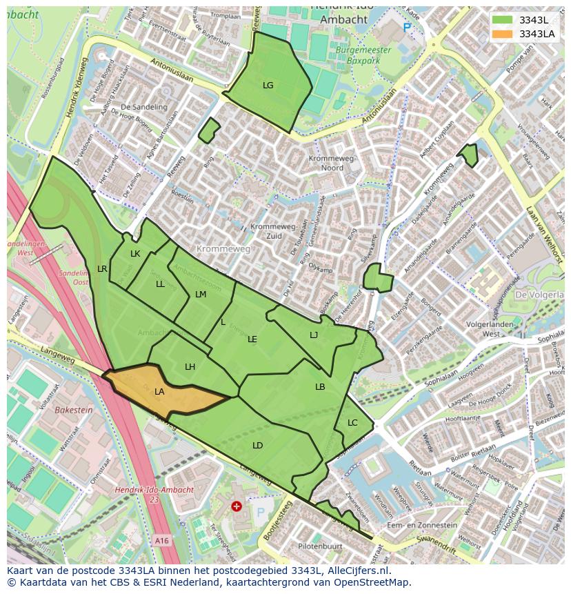 Afbeelding van het postcodegebied 3343 LA op de kaart.