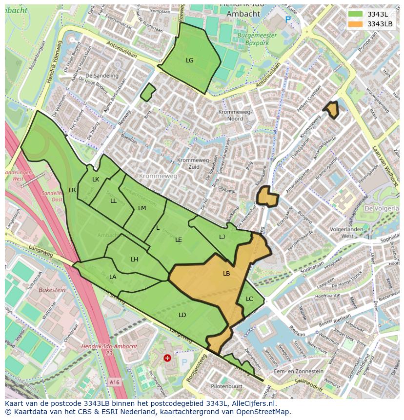 Afbeelding van het postcodegebied 3343 LB op de kaart.