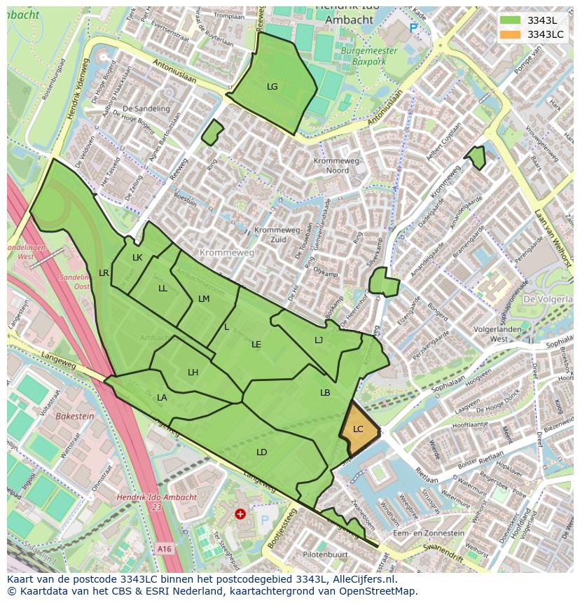 Afbeelding van het postcodegebied 3343 LC op de kaart.
