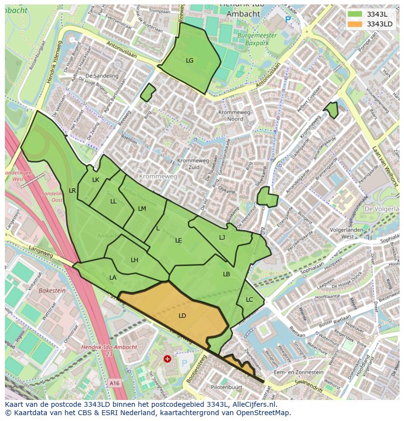Afbeelding van het postcodegebied 3343 LD op de kaart.