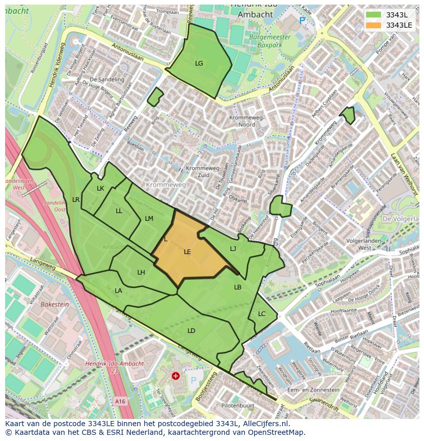 Afbeelding van het postcodegebied 3343 LE op de kaart.