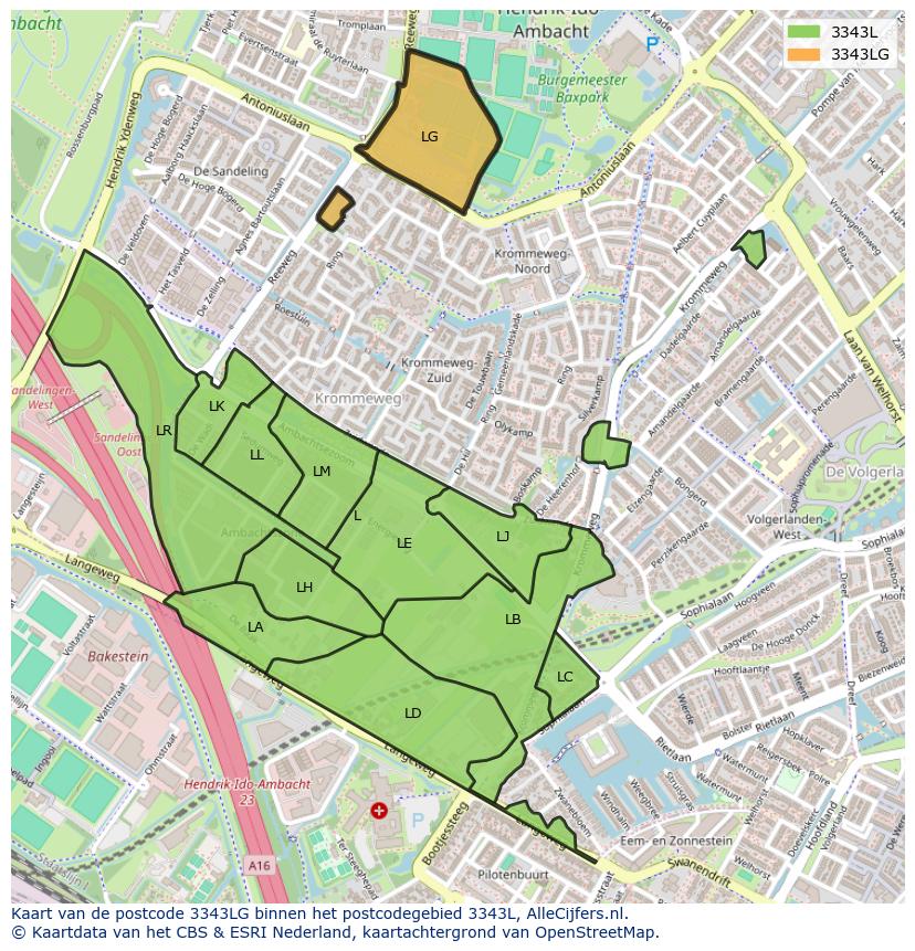 Afbeelding van het postcodegebied 3343 LG op de kaart.