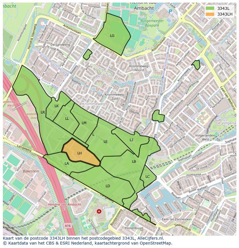 Afbeelding van het postcodegebied 3343 LH op de kaart.