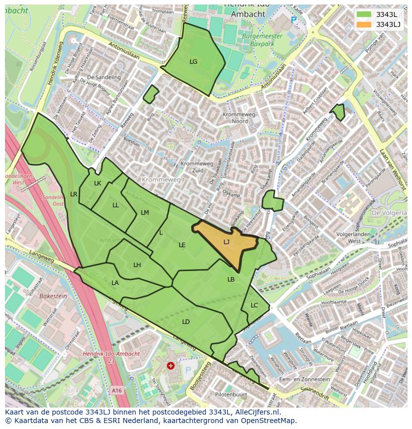 Afbeelding van het postcodegebied 3343 LJ op de kaart.