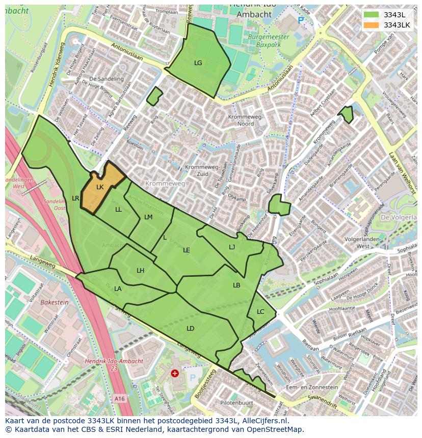 Afbeelding van het postcodegebied 3343 LK op de kaart.