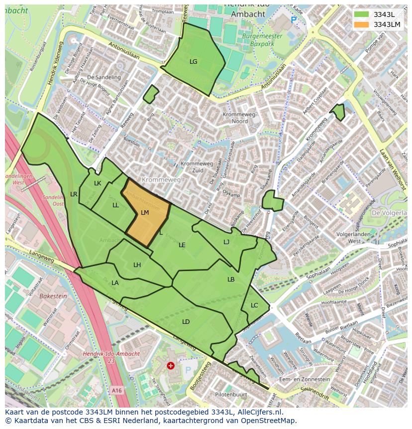 Afbeelding van het postcodegebied 3343 LM op de kaart.