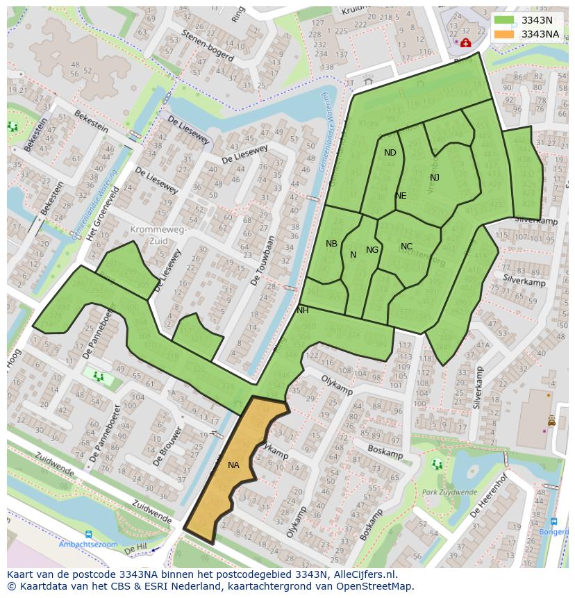 Afbeelding van het postcodegebied 3343 NA op de kaart.