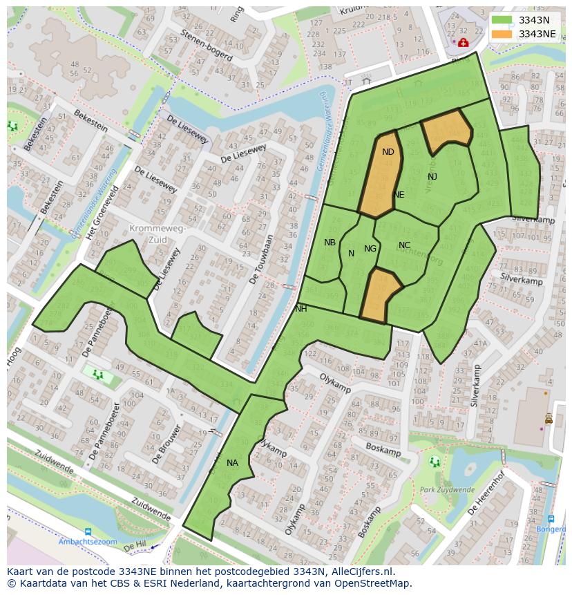 Afbeelding van het postcodegebied 3343 NE op de kaart.